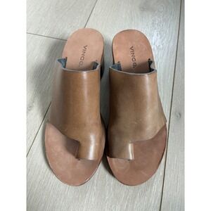 Vince "Jewelle" Tan Leather Toe Ring Block Heel Mules Size 6M